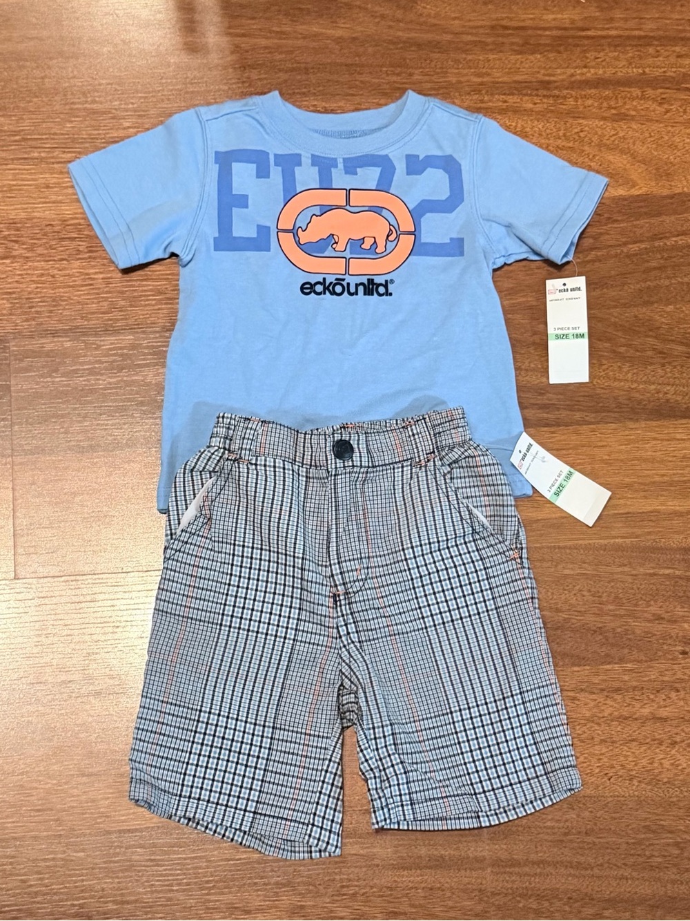 Ecko Unltd Toddler Boys 18M Outfit Set Blue Rhino Shirt Plaid Shorts NWT